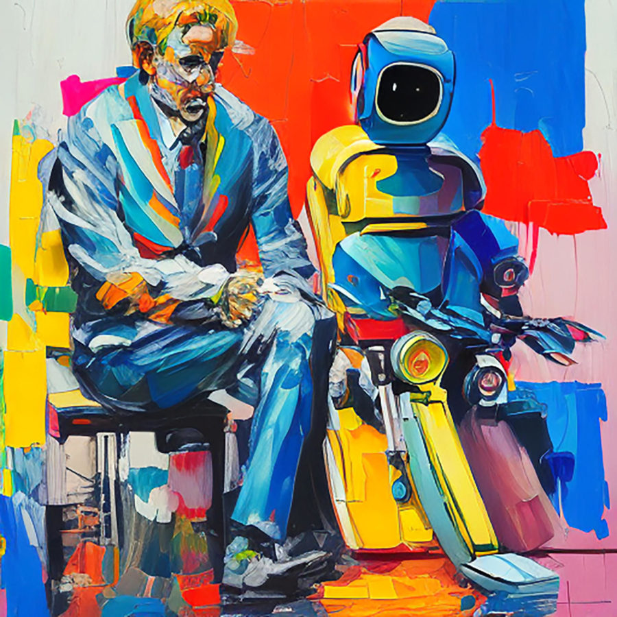 Playground AI creates “an oil painting of a human sitting side-by-side with a robot.”